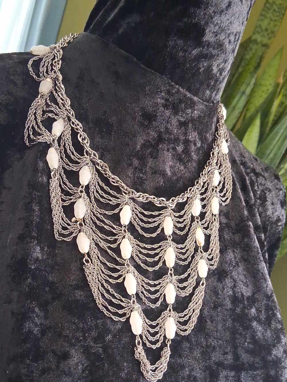 Vintage Bib Collar Layered Multi-Strand Silver Necklace with White Beads